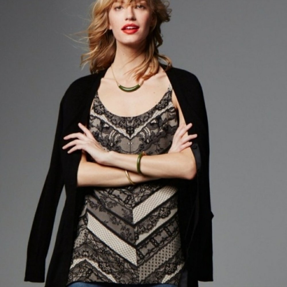 Cabi Monaco Lace Print Tunic Tank XS Black Beige Satin